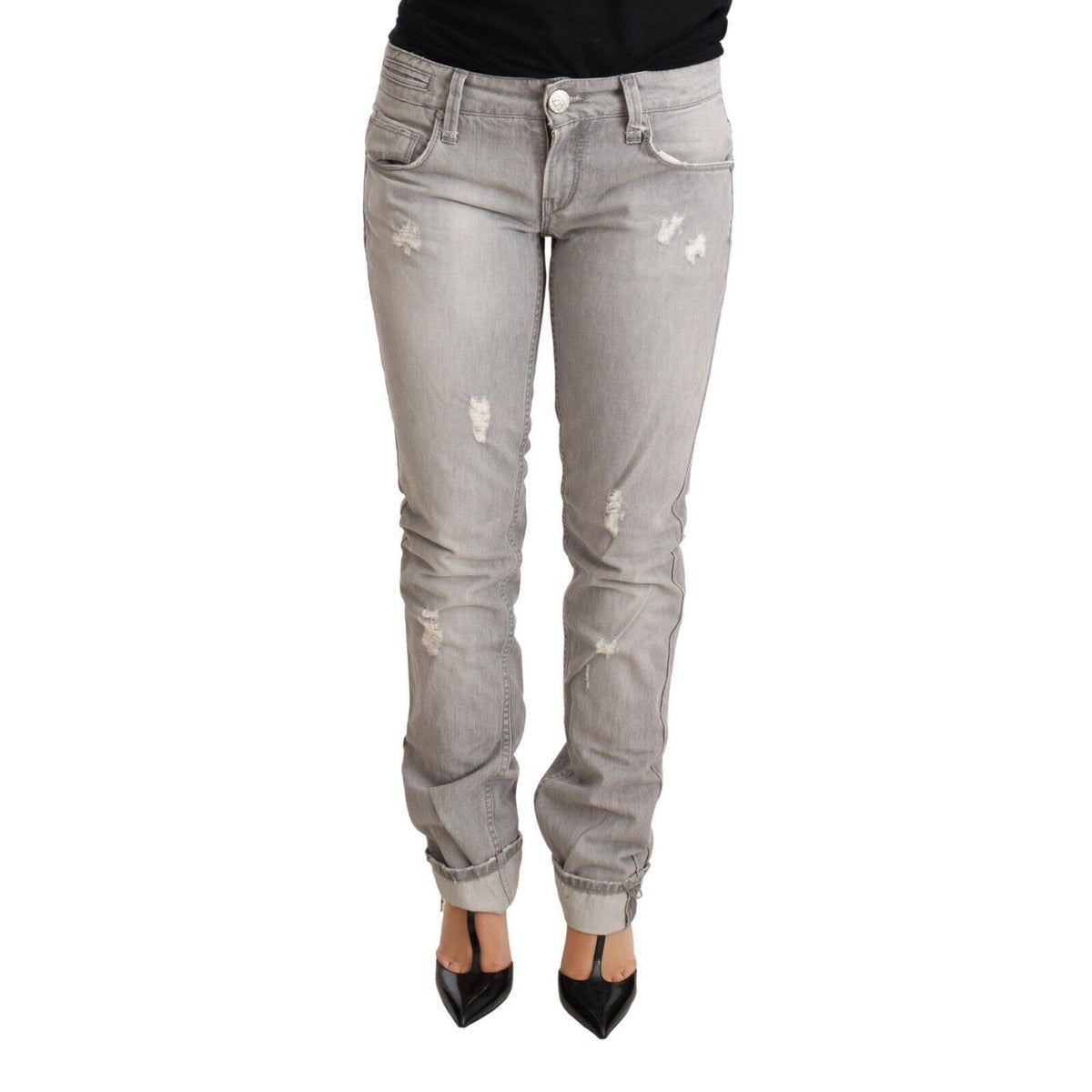 Acht Gray Tattered Cotton Slim Fit Folded Hem Women Denim Jeans