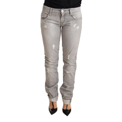 Acht Gray Tattered Cotton Slim Fit Folded Hem Women Denim Jeans