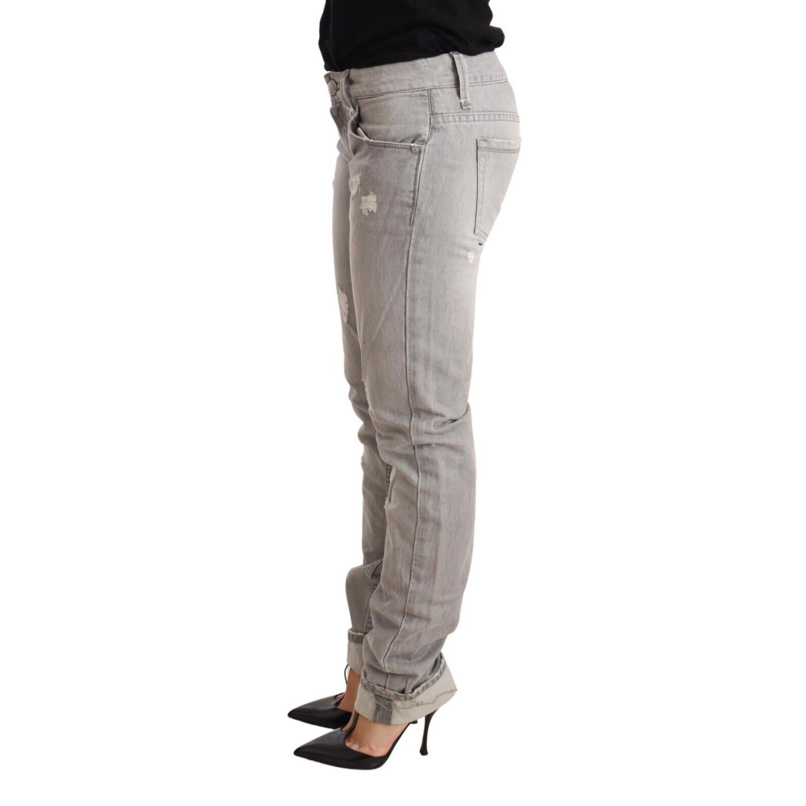 Acht Gray Tattered Cotton Slim Fit Folded Hem Women Denim Jeans