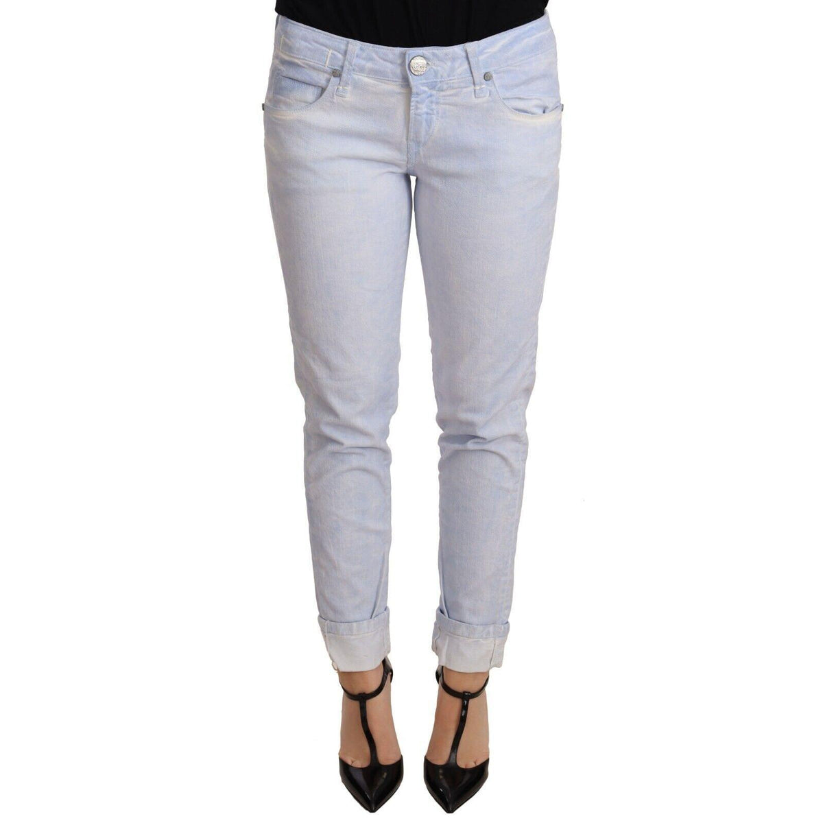 Acht Light Blue Cotton Folded Hem Denim Skinny Women Trouser Jeans