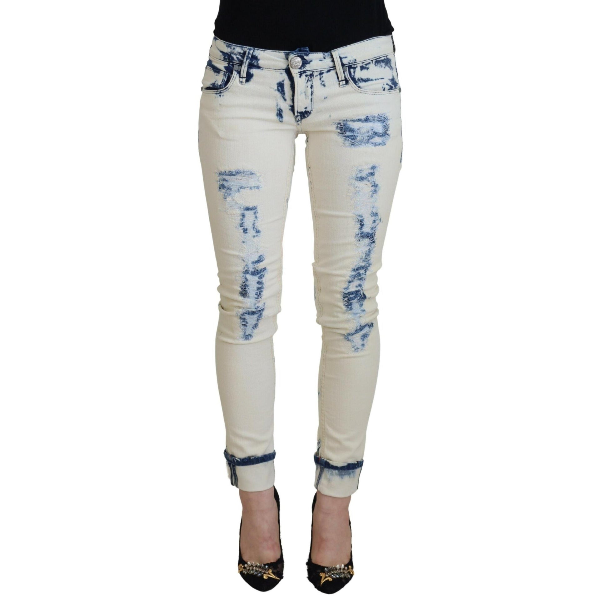 Acht White Blue Cotton Skinny Women Tattered Denim Jeans