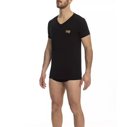 Cavalli Class Black Cotton Men's V-Neck T-Shirt