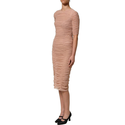 Dolce & Gabbana Beige Cotton Mesh Ruched Sheath Midi Dress