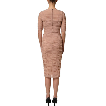 Dolce & Gabbana Beige Cotton Mesh Ruched Sheath Midi Dress