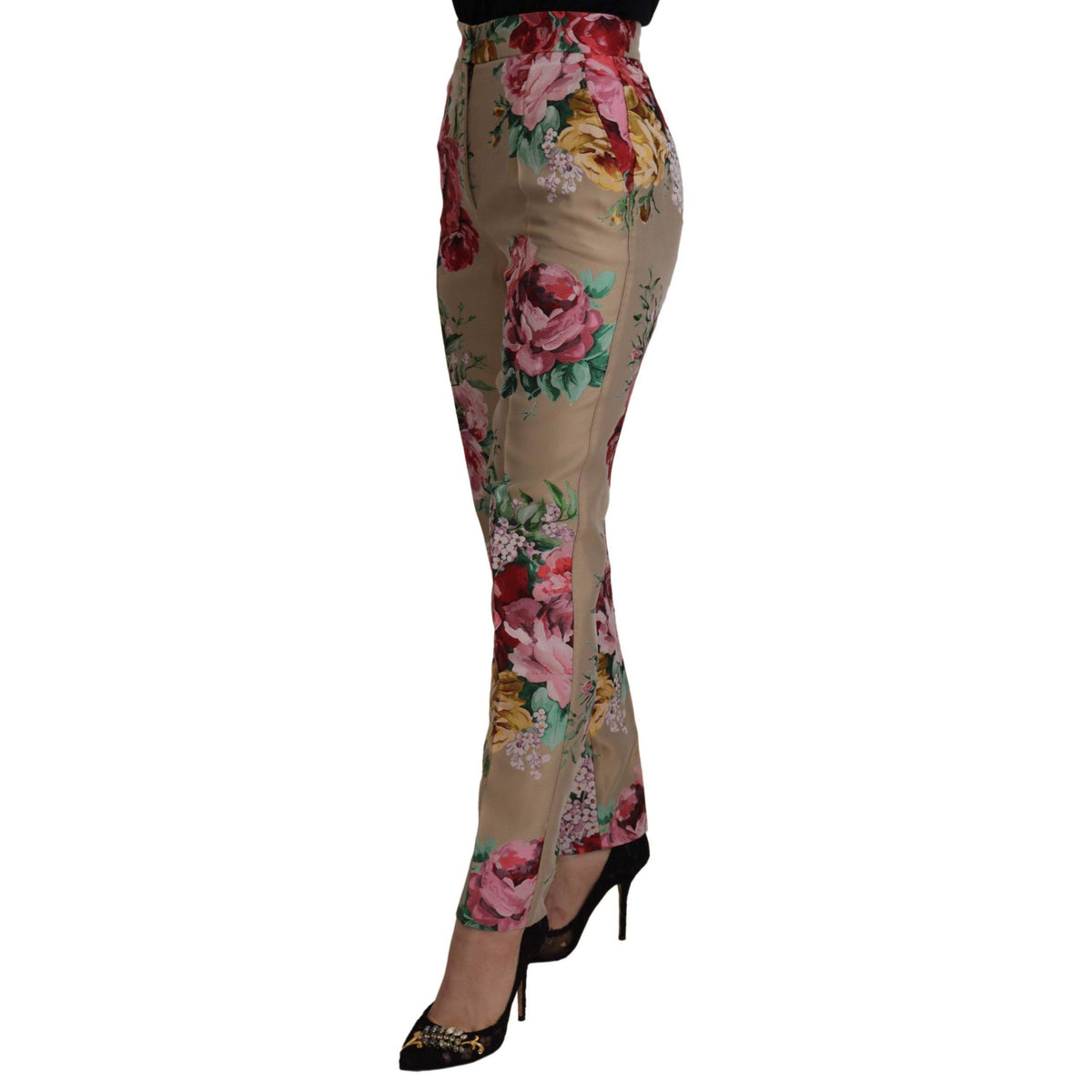 Dolce & Gabbana Beige Floral Dress Formal High Waist Pants