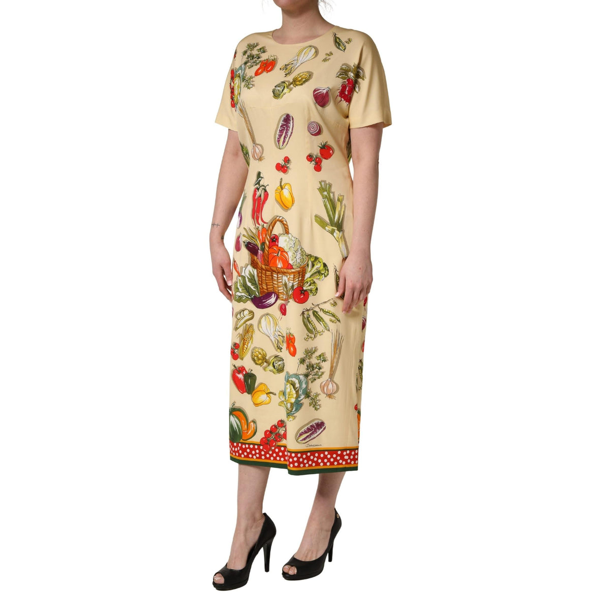 Dolce & Gabbana Beige Fruit PolkaDot Sheath Silk Midi Dress