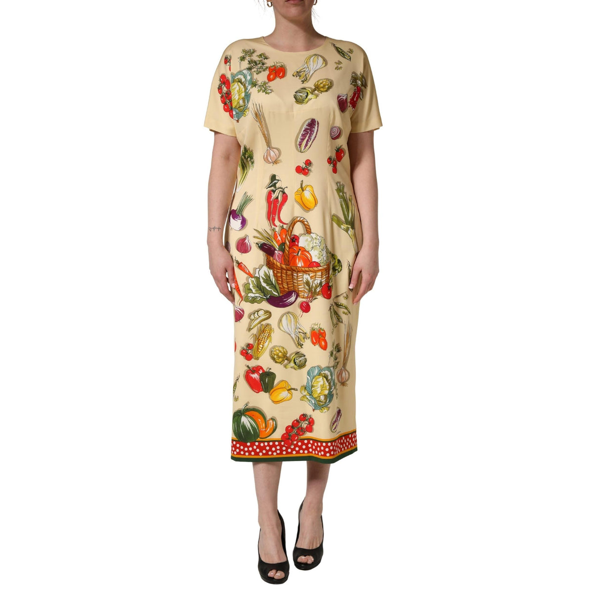 Dolce & Gabbana Beige Fruit PolkaDot Sheath Silk Midi Dress
