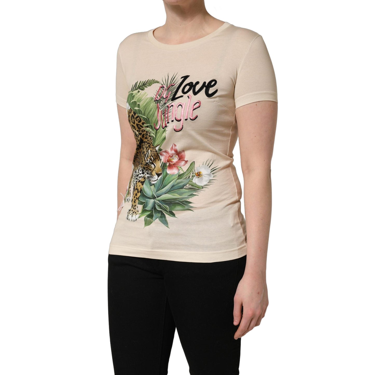 Dolce & Gabbana Beige Jungle Print Cotton Round Neck T-Shirt