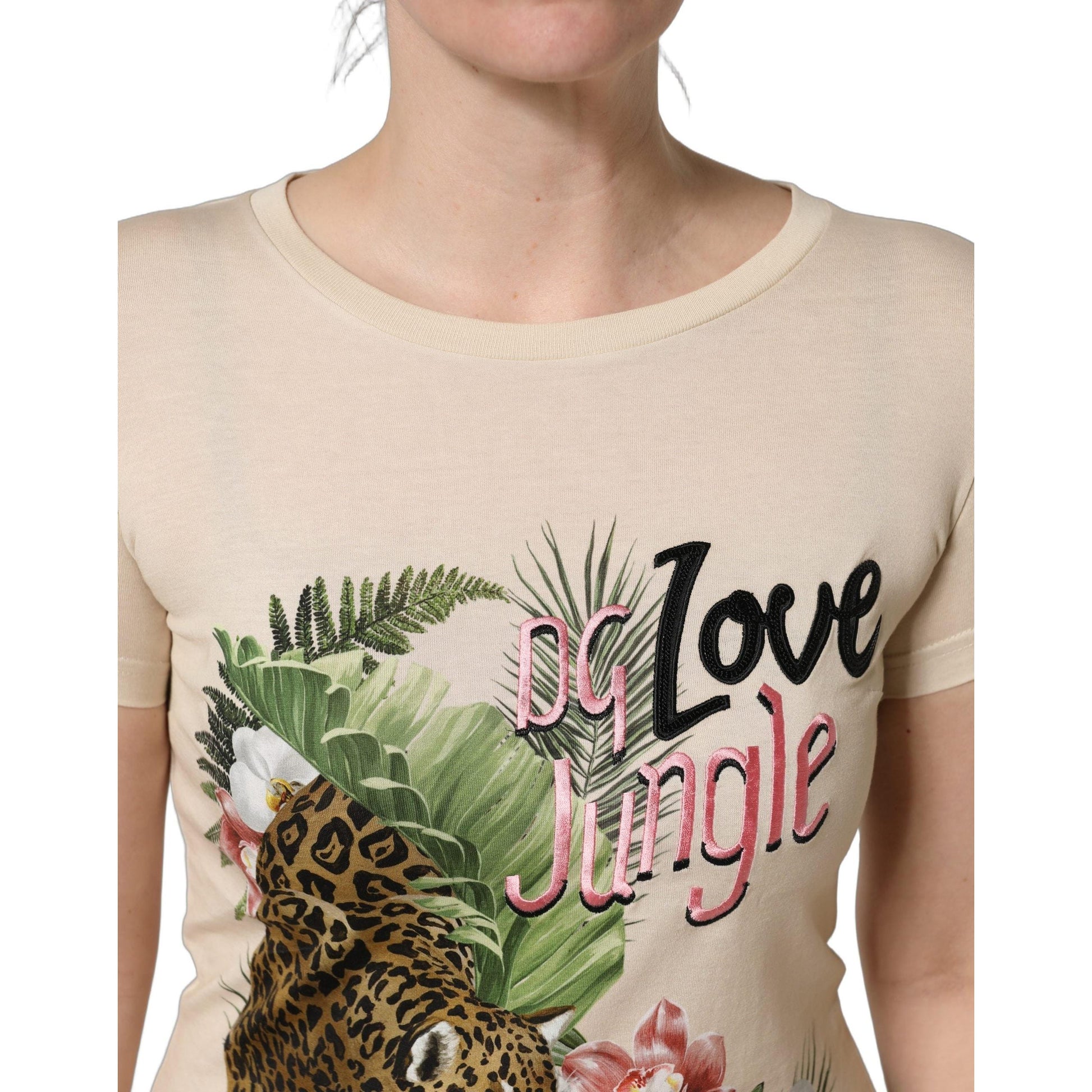 Dolce & Gabbana Beige Jungle Print Cotton Round Neck T-Shirt
