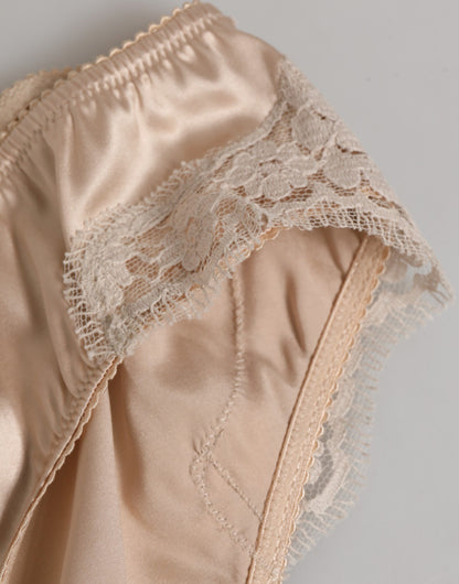 Dolce & Gabbana Beige Silk Satin Floral Lace Panty Brief Underwear