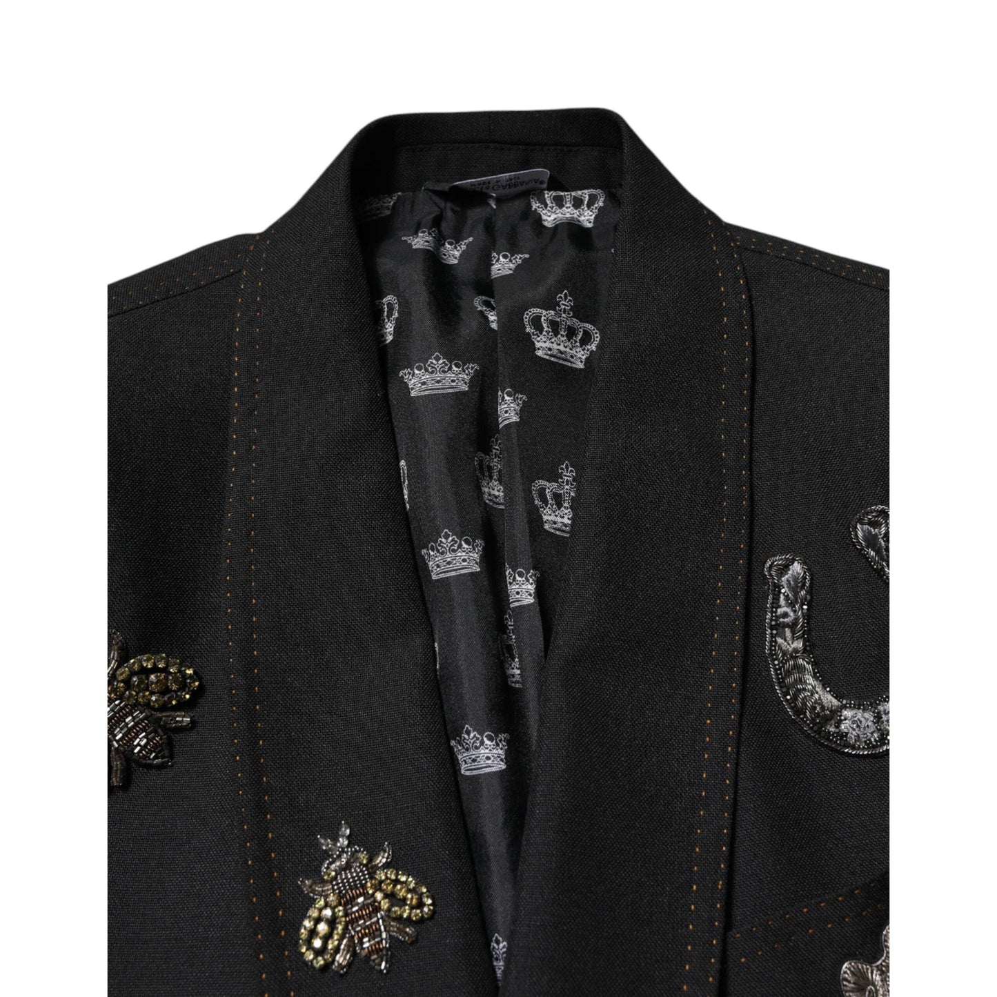 Dolce & Gabbana Black Bee Crown Embellished Suit Coat Blazer