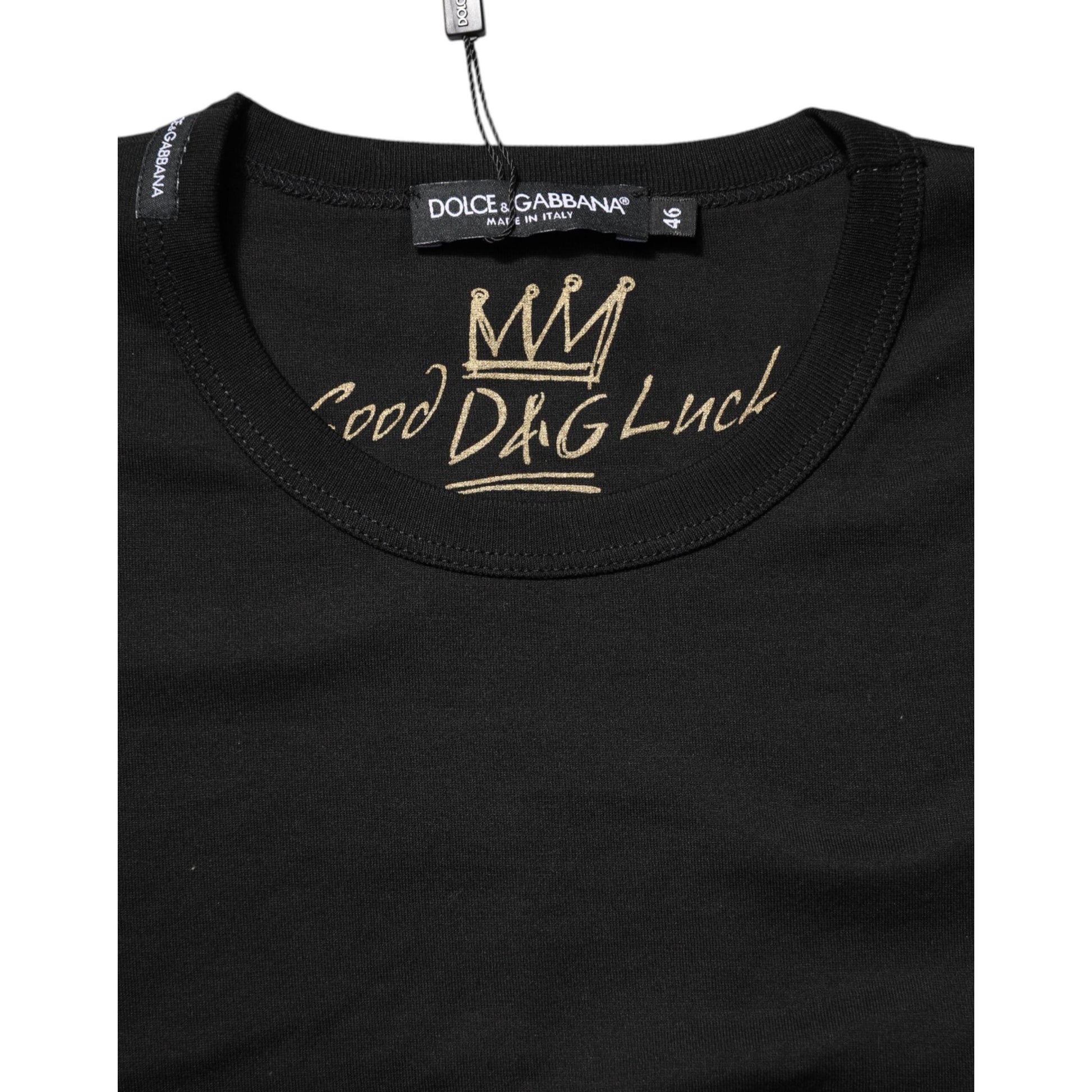Dolce & Gabbana Black Cotton Goodluck Tee Crew Neck T-shirt