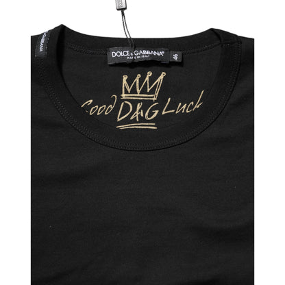 Dolce & Gabbana Black Cotton Goodluck Tee Crew Neck T-shirt
