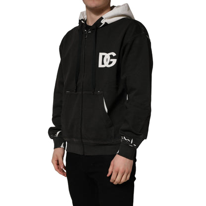 Dolce & Gabbana Black Cotton Logo Hooded Full Zip Sweater