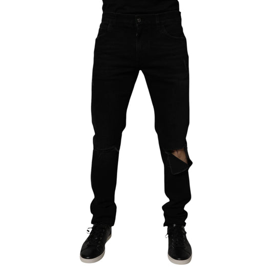 Dolce & Gabbana Black Cotton Tattered Skinny Men Denim Jeans