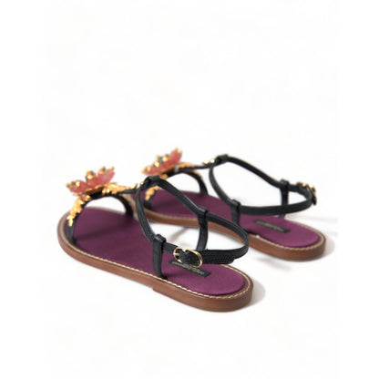 Dolce & Gabbana Black Crystal Gold Sandals Leather Shoes