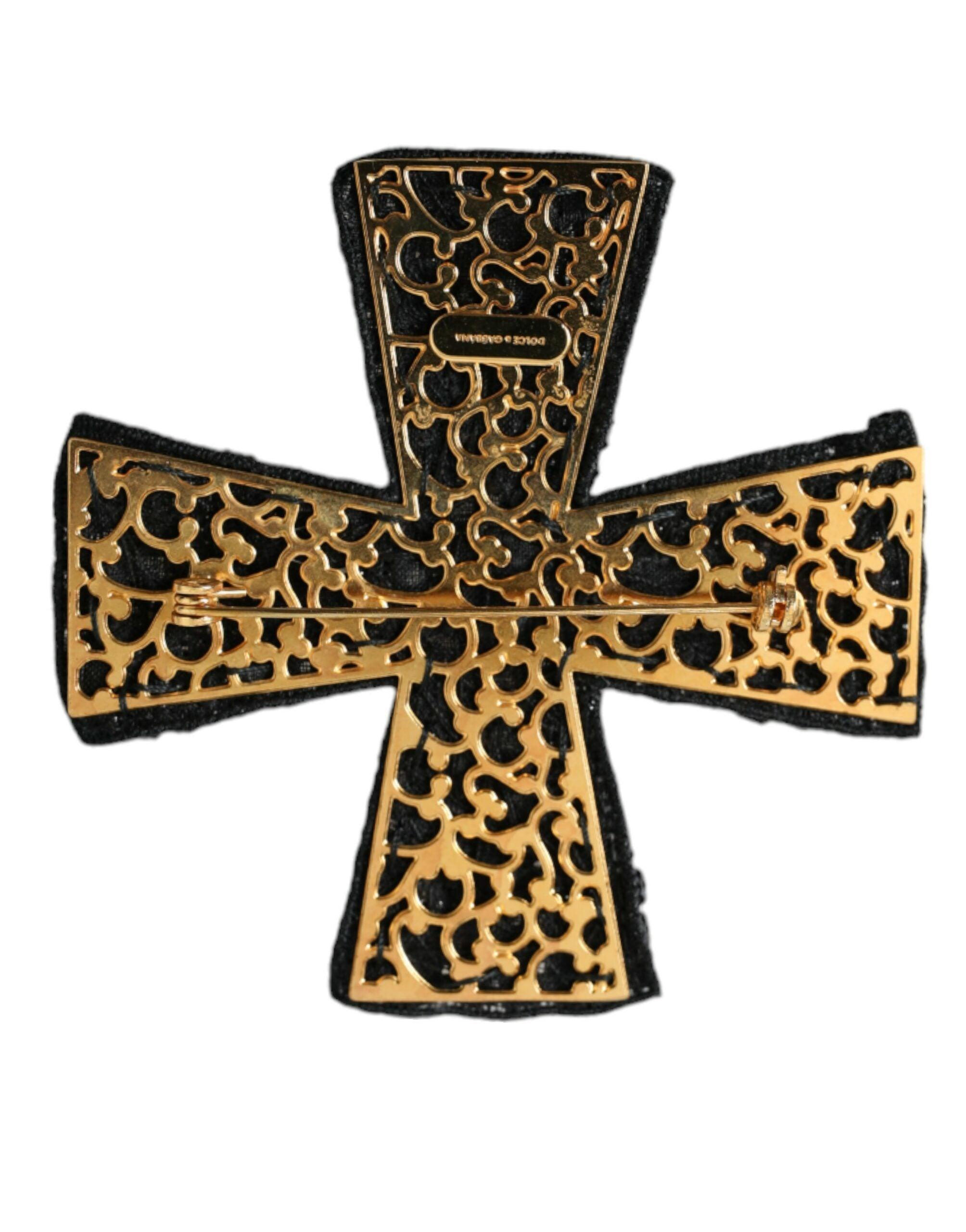 Dolce & Gabbana Black Crystals Alua Embellished Cross Pin Brooch-Modeoutlet