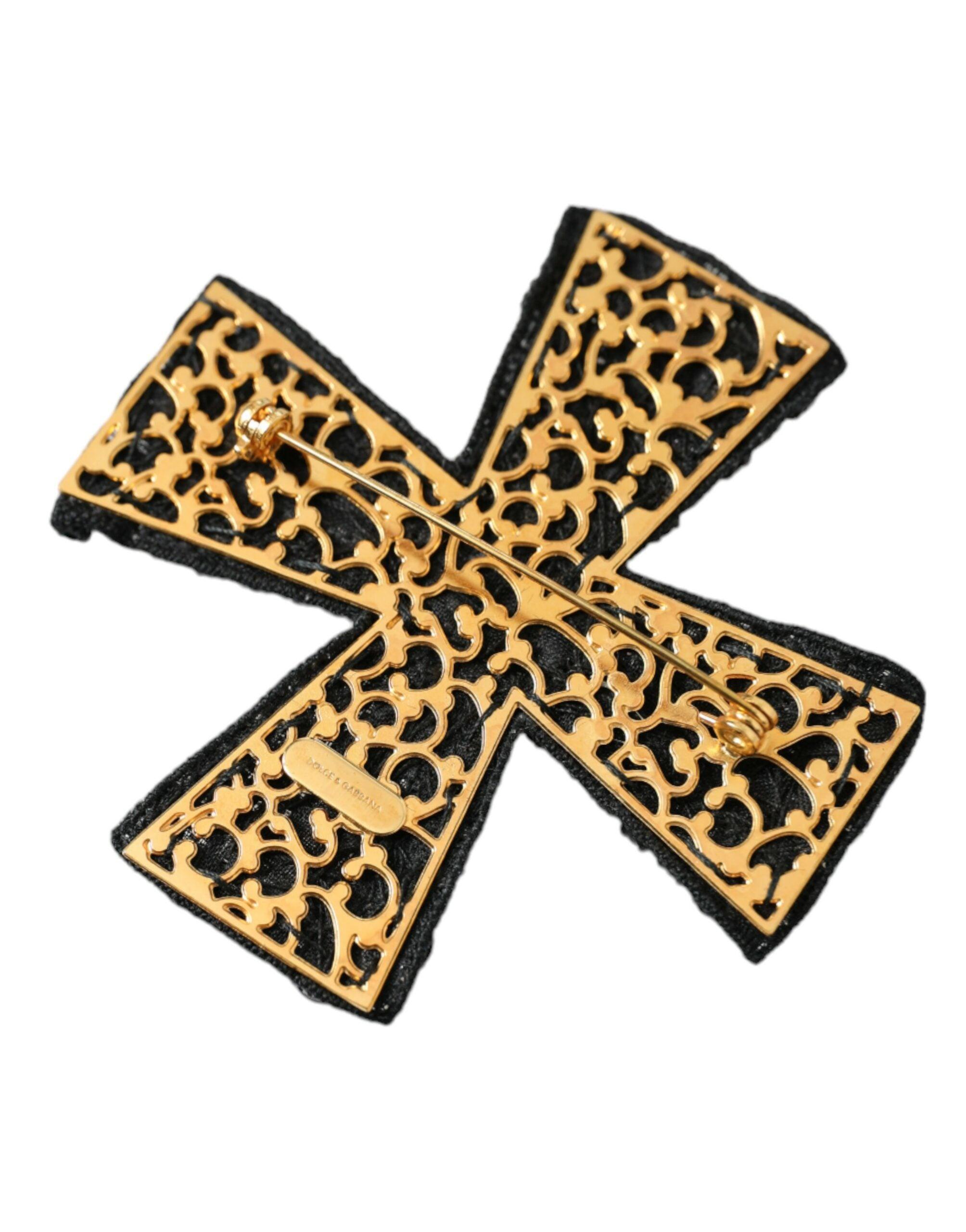 Dolce & Gabbana Black Crystals Alua Embellished Cross Pin Brooch-Modeoutlet