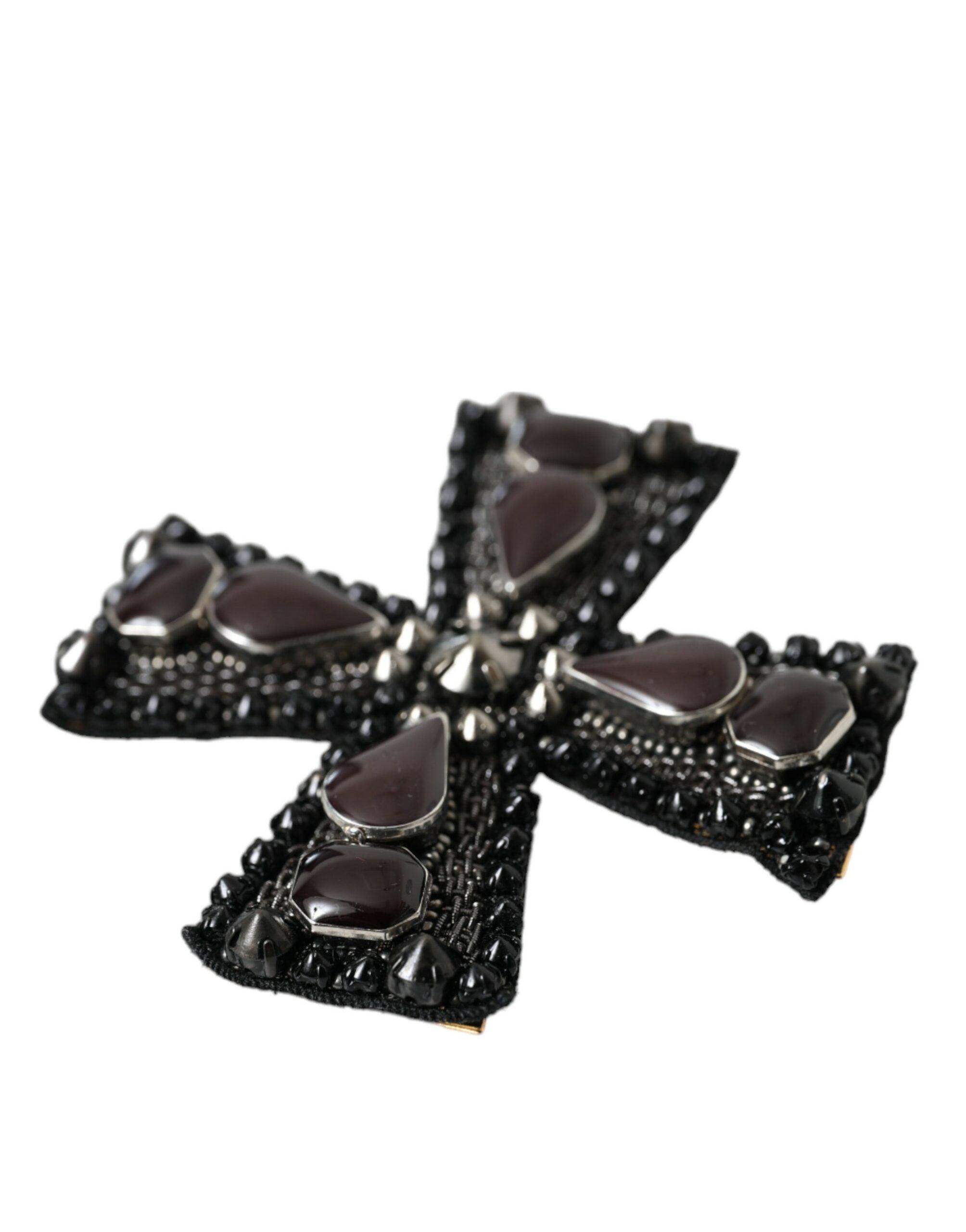 Dolce & Gabbana Black Crystals Alua Embellished Cross Pin Brooch-Modeoutlet