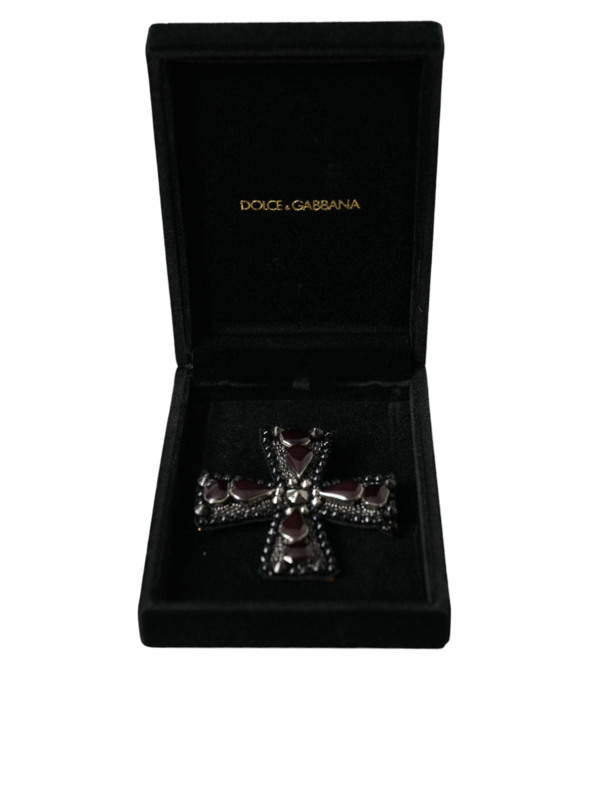 Dolce & Gabbana Black Crystals Alua Embellished Cross Pin Brooch-Modeoutlet