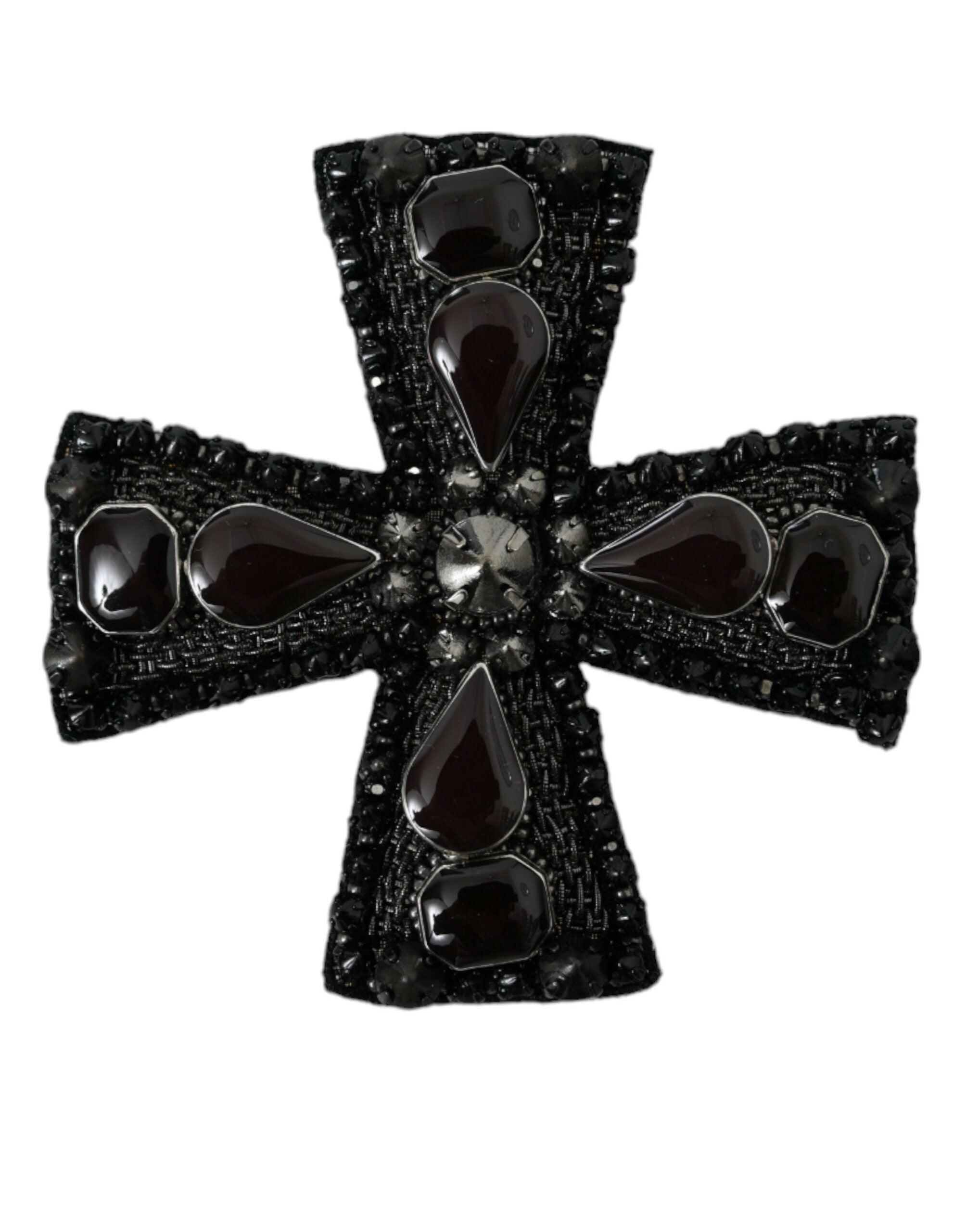 Dolce & Gabbana Black Crystals Alua Embellished Cross Pin Brooch-Modeoutlet