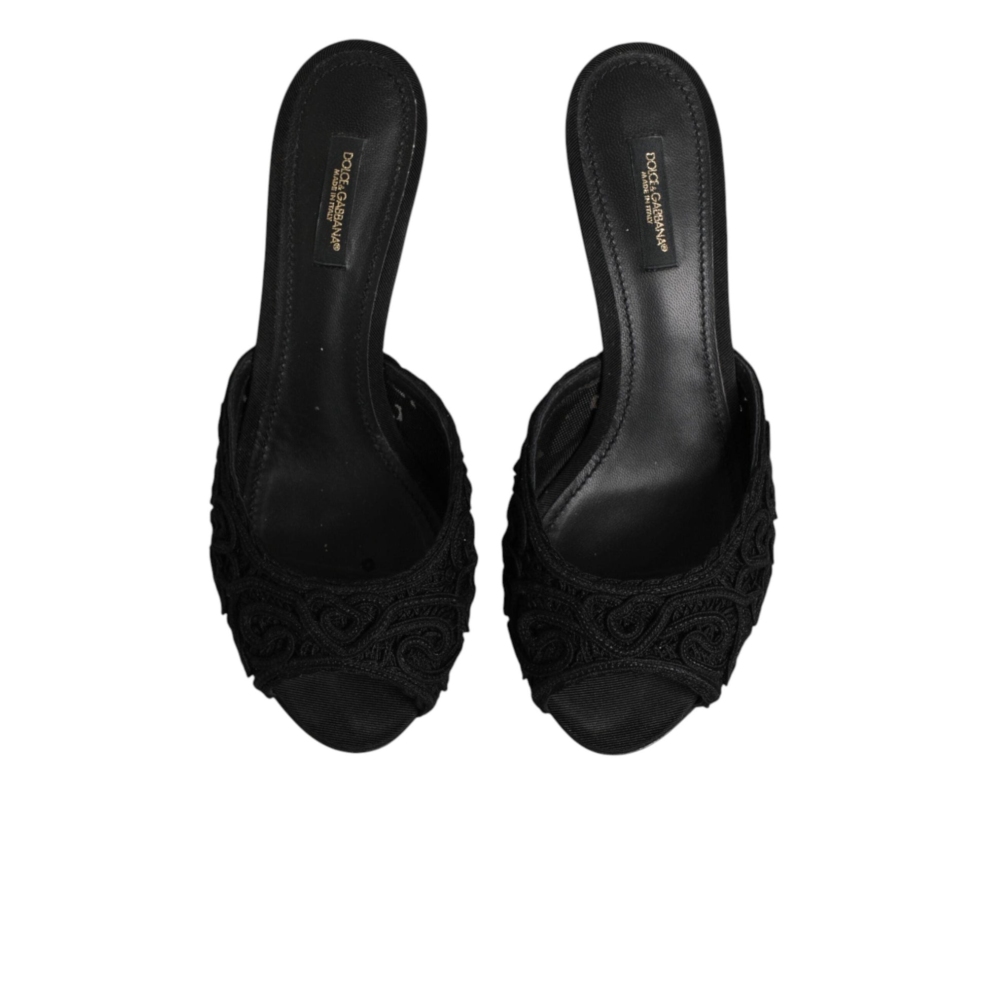 Dolce & Gabbana Black Embroidered Slip On Heels Slides Shoes