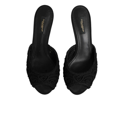 Dolce & Gabbana Black Embroidered Slip On Heels Slides Shoes