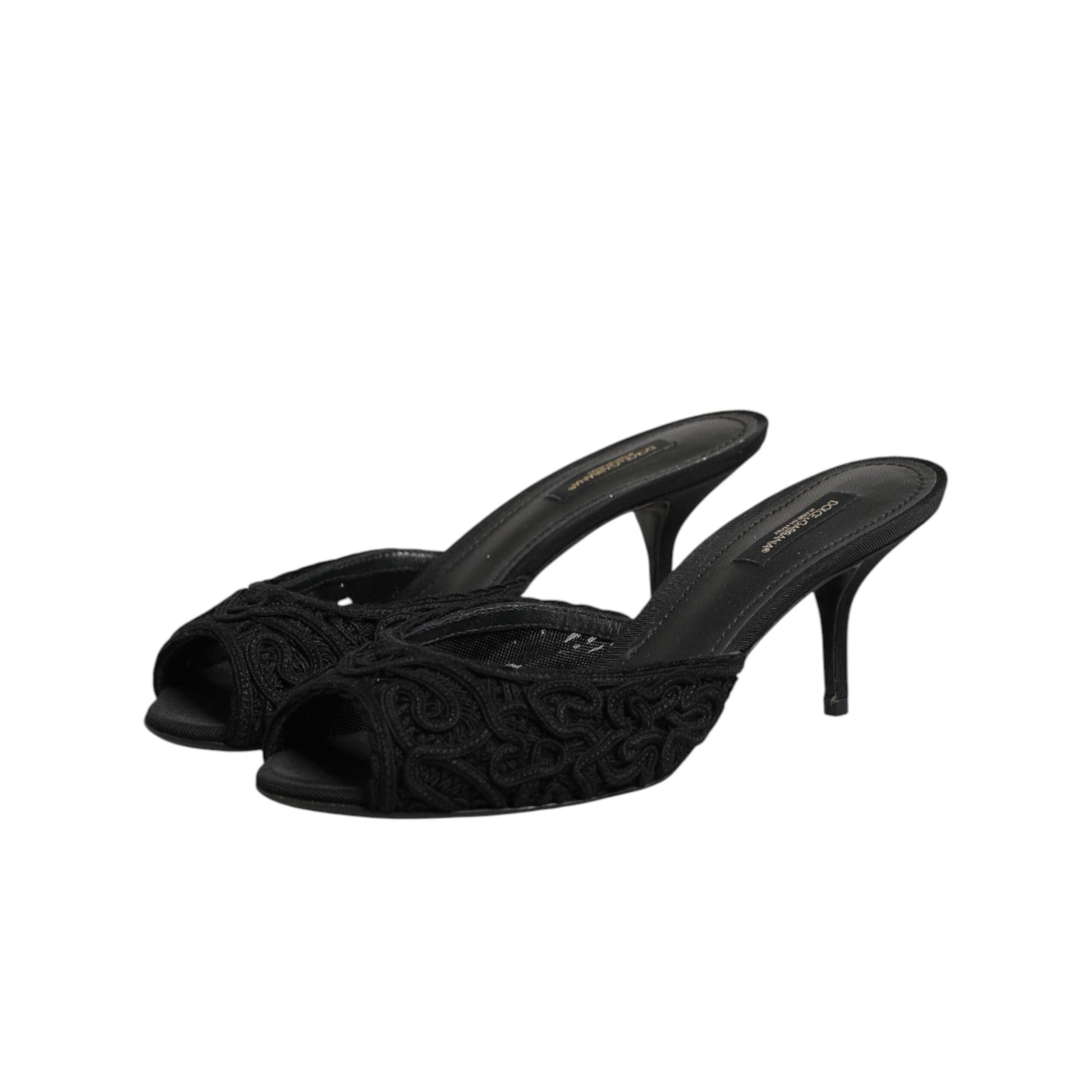 Dolce & Gabbana Black Embroidered Slip On Heels Slides Shoes