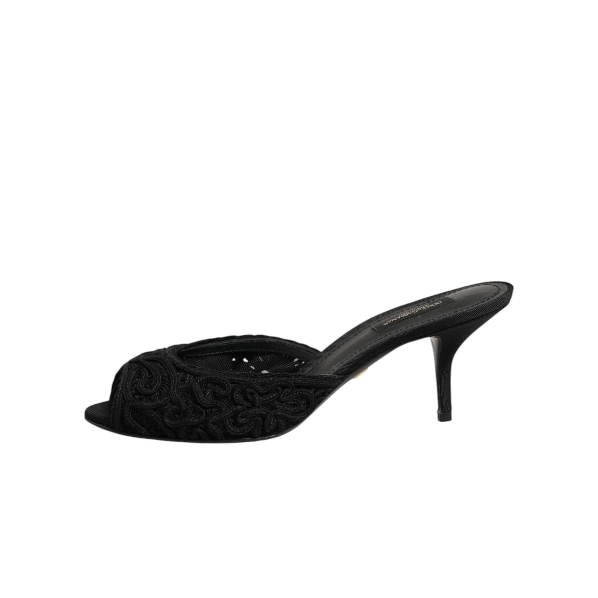 Dolce & Gabbana Black Embroidered Slip On Heels Slides Shoes