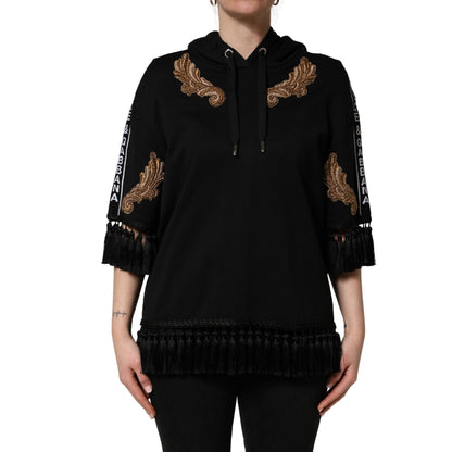Dolce & Gabbana Black Embroidered Tassel Hooded Sweatshirt Sweater