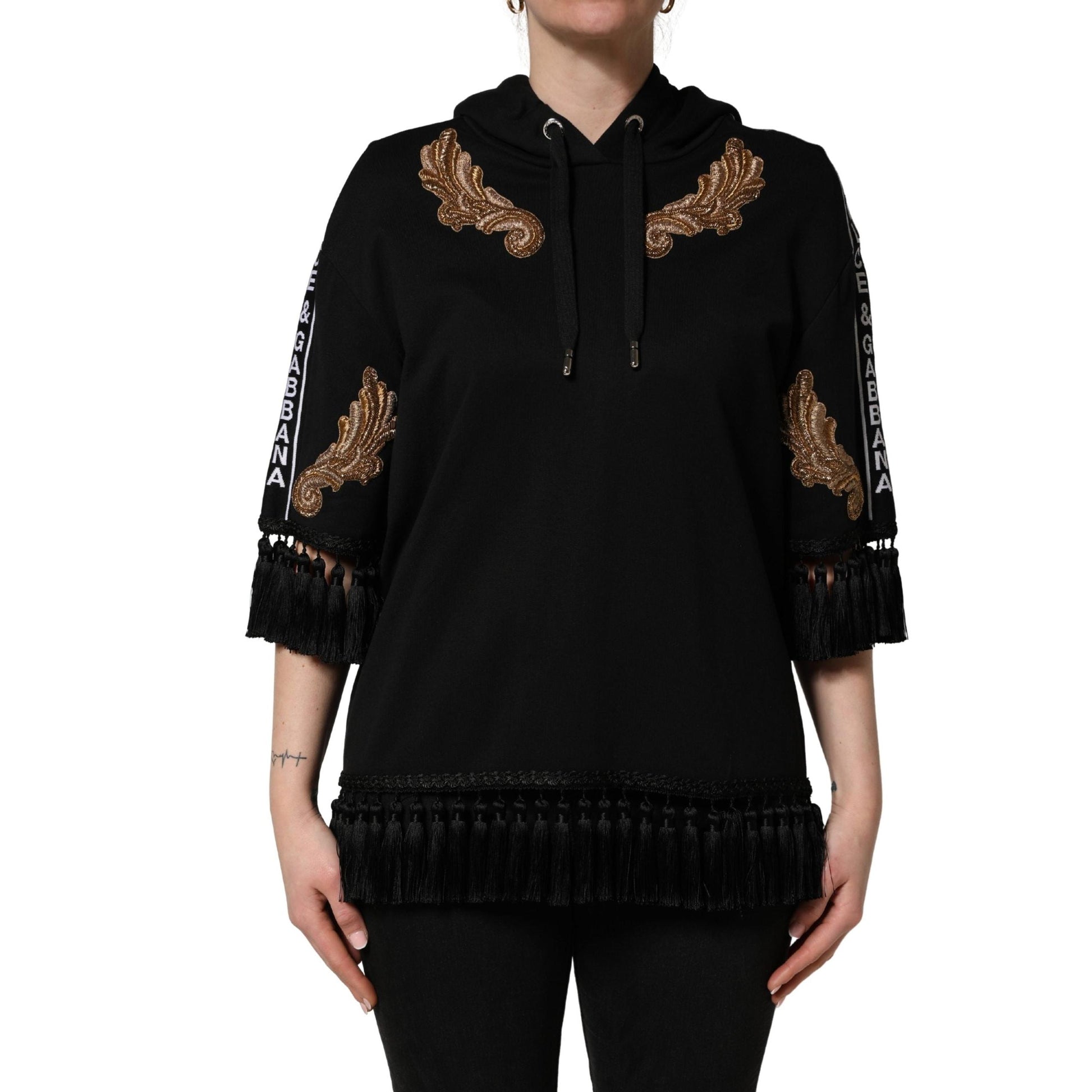 Dolce & Gabbana Black Embroidered Tassel Hooded Sweatshirt Sweater