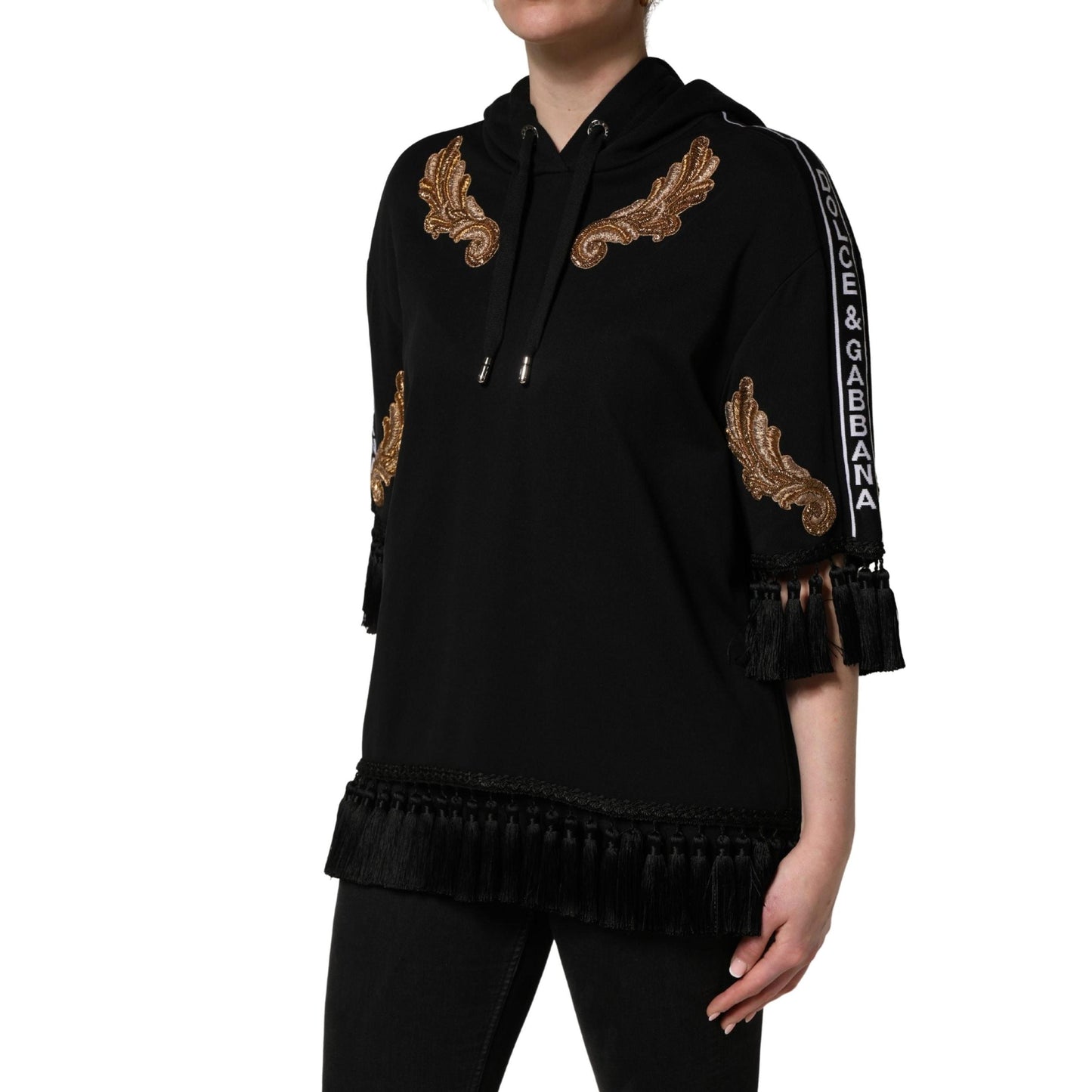 Dolce & Gabbana Black Embroidered Tassel Hooded Sweatshirt Sweater