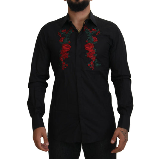 Dolce & Gabbana Black Floral Embroidery Men Long Sleeves GOLD Shirt