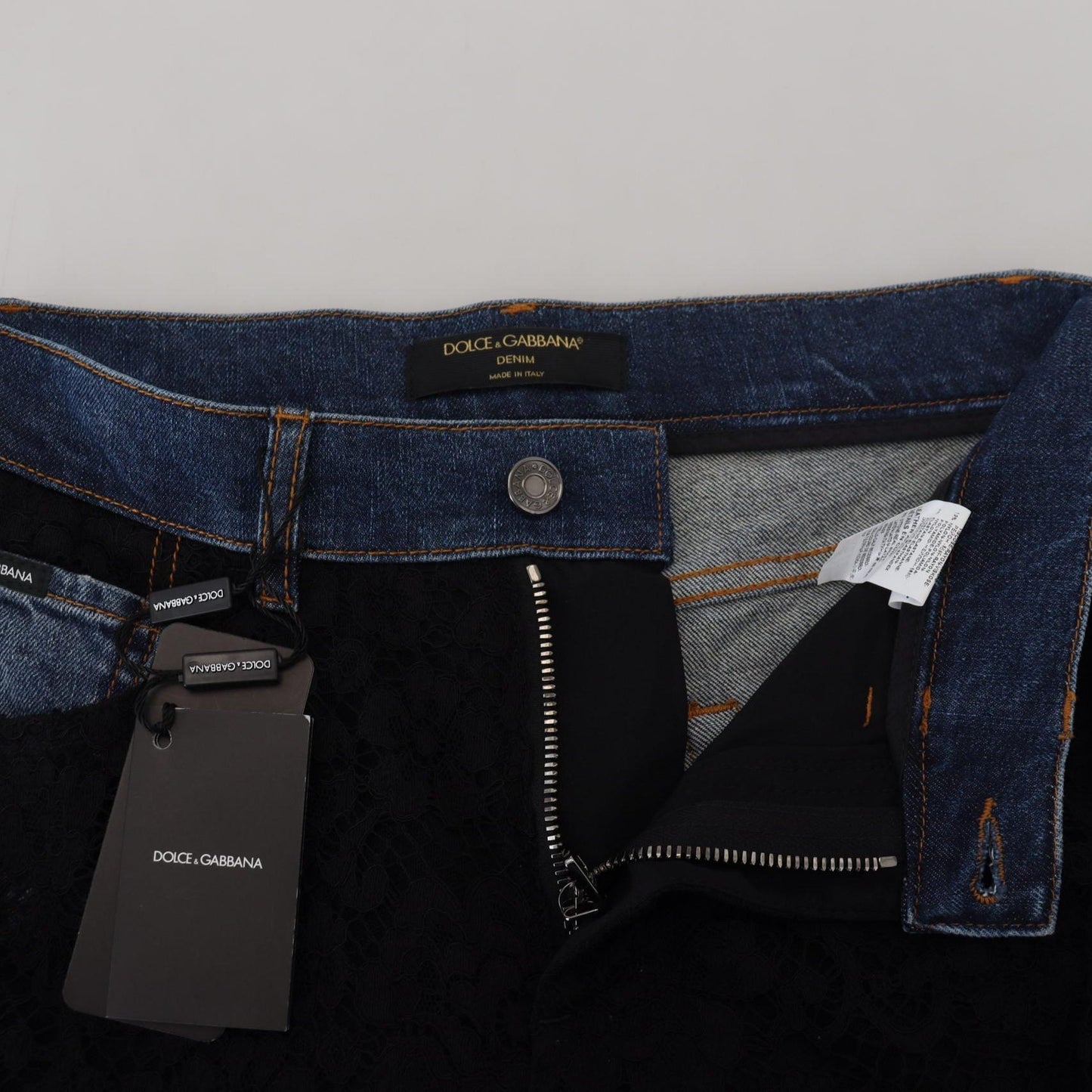 Dolce & Gabbana Black Floral Lace Front Skinny Denim Jeans