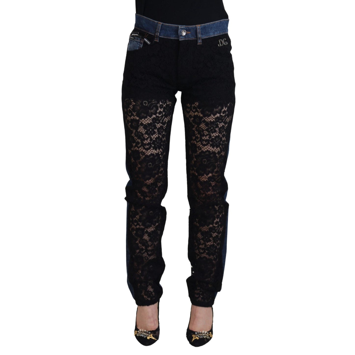 Dolce & Gabbana Black Floral Lace Front Skinny Denim Jeans