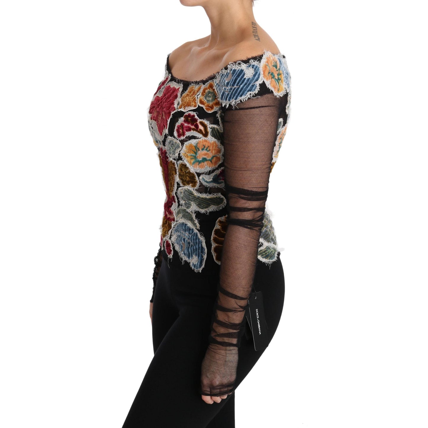 Dolce & Gabbana Black Floral Ricamo Top T-shirt Blouse