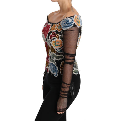 Dolce & Gabbana Black Floral Ricamo Top T-shirt Blouse