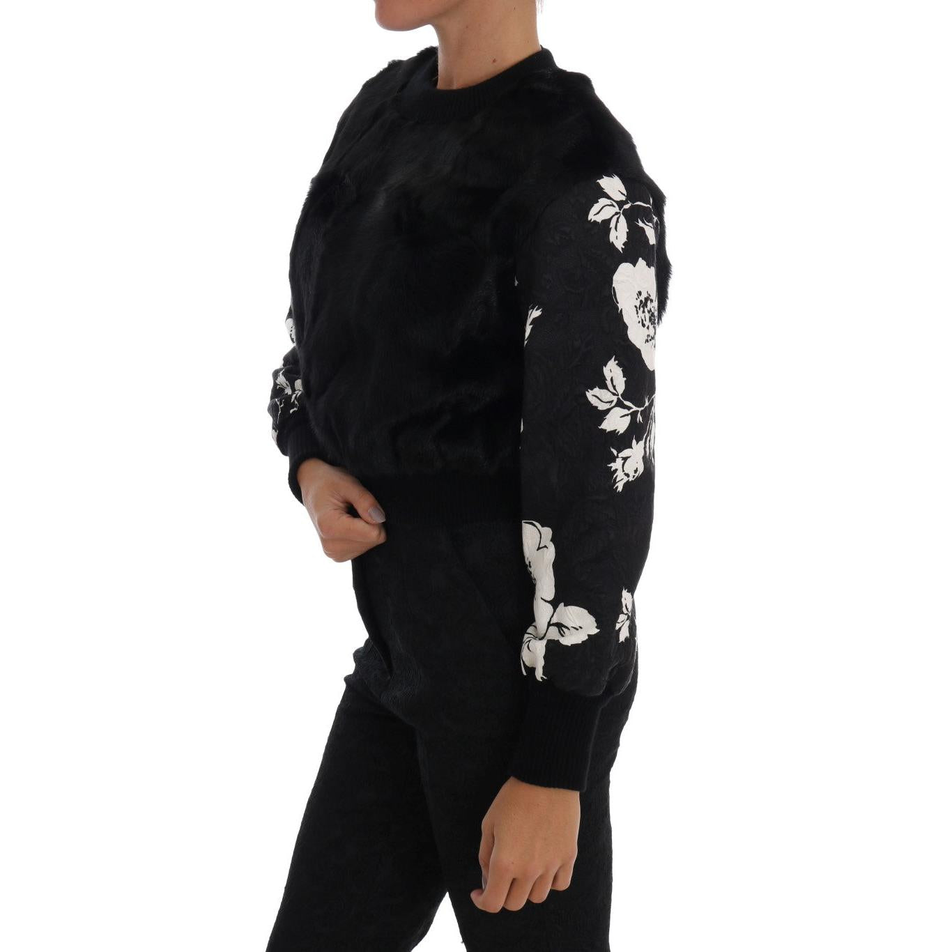 Dolce & Gabbana Black Fur Floral Brocade Zipper Sweater