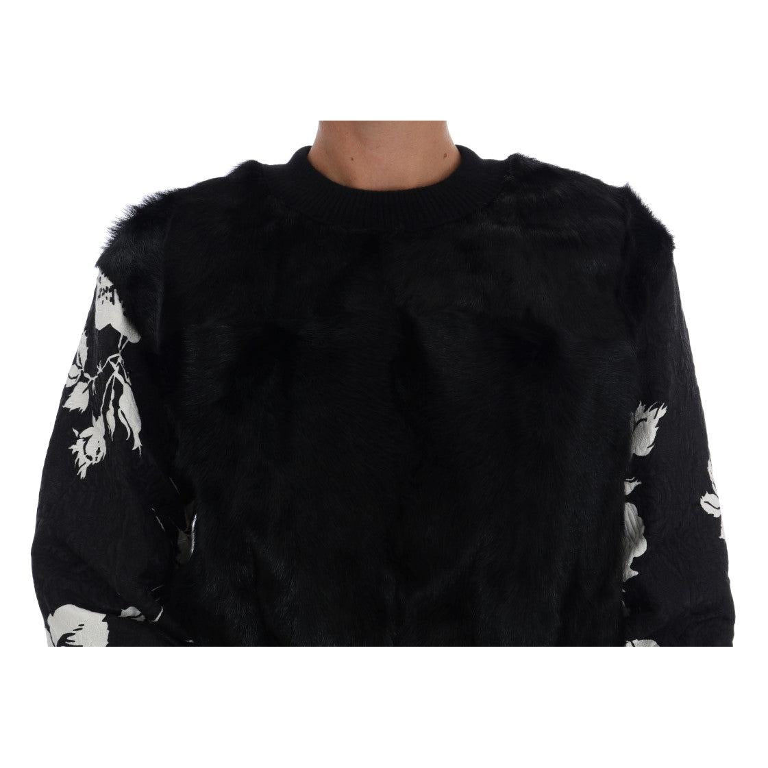 Dolce & Gabbana Black Fur Floral Brocade Zipper Sweater