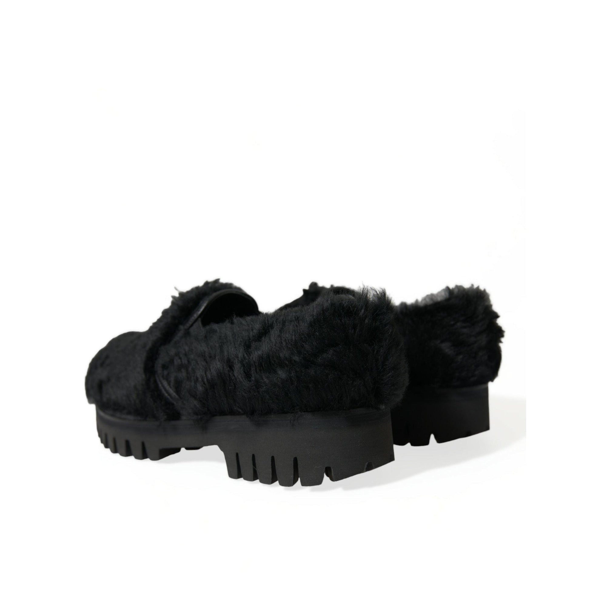 Dolce & Gabbana Black Fur Leather Slippers Dress Shoes