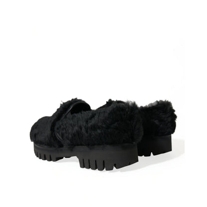 Dolce & Gabbana Black Fur Leather Slippers Dress Shoes