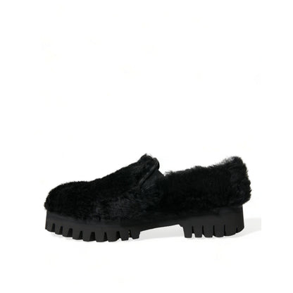 Dolce & Gabbana Black Fur Leather Slippers Dress Shoes