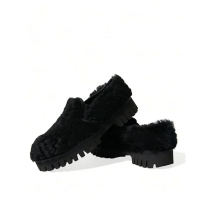 Dolce & Gabbana Black Fur Leather Slippers Dress Shoes