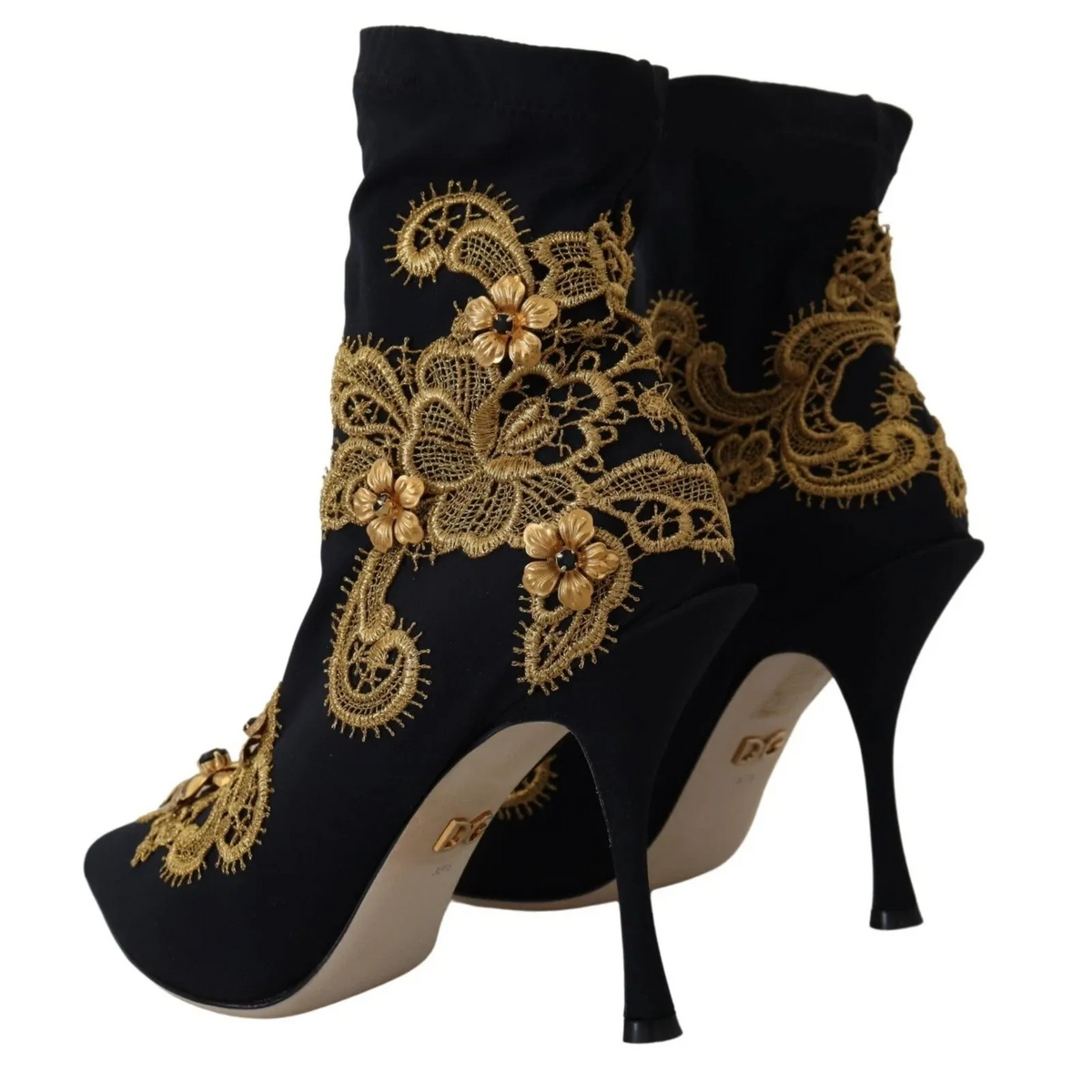 Dolce & Gabbana Black Gold Embroidery Crystal Boots Shoes