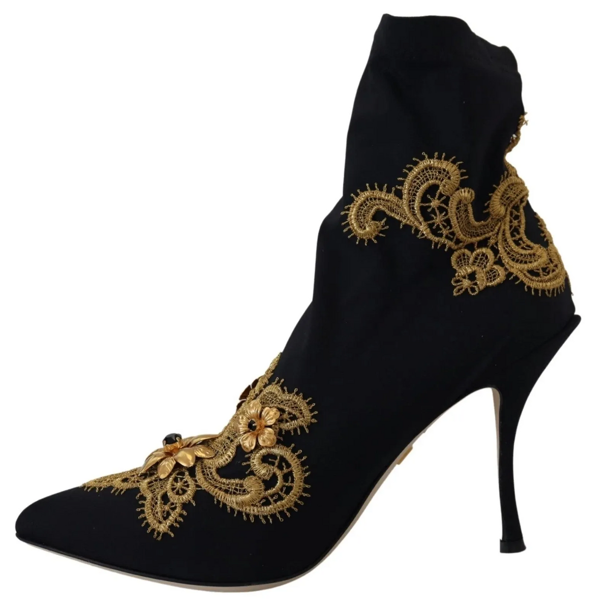 Dolce & Gabbana Black Gold Embroidery Crystal Boots Shoes