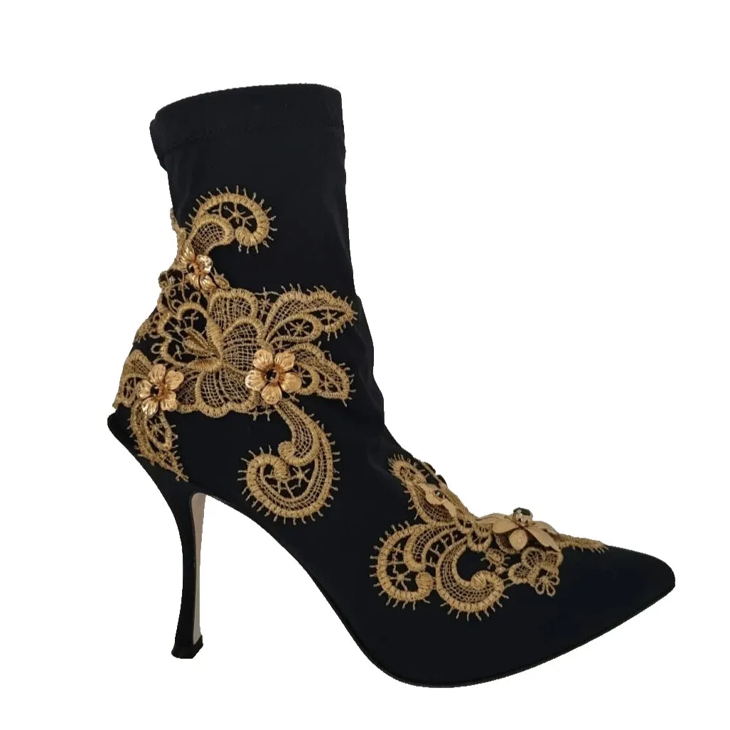 Dolce & Gabbana Black Gold Embroidery Crystal Boots Shoes