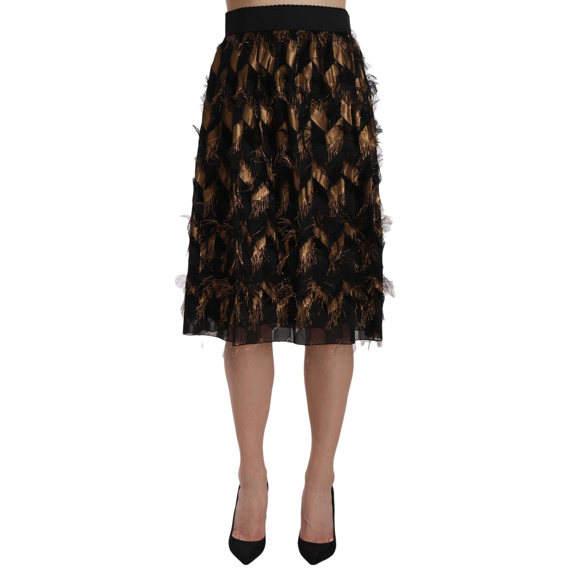 Dolce & Gabbana Black Gold Fringe Metallic Pencil A-line Skirt
