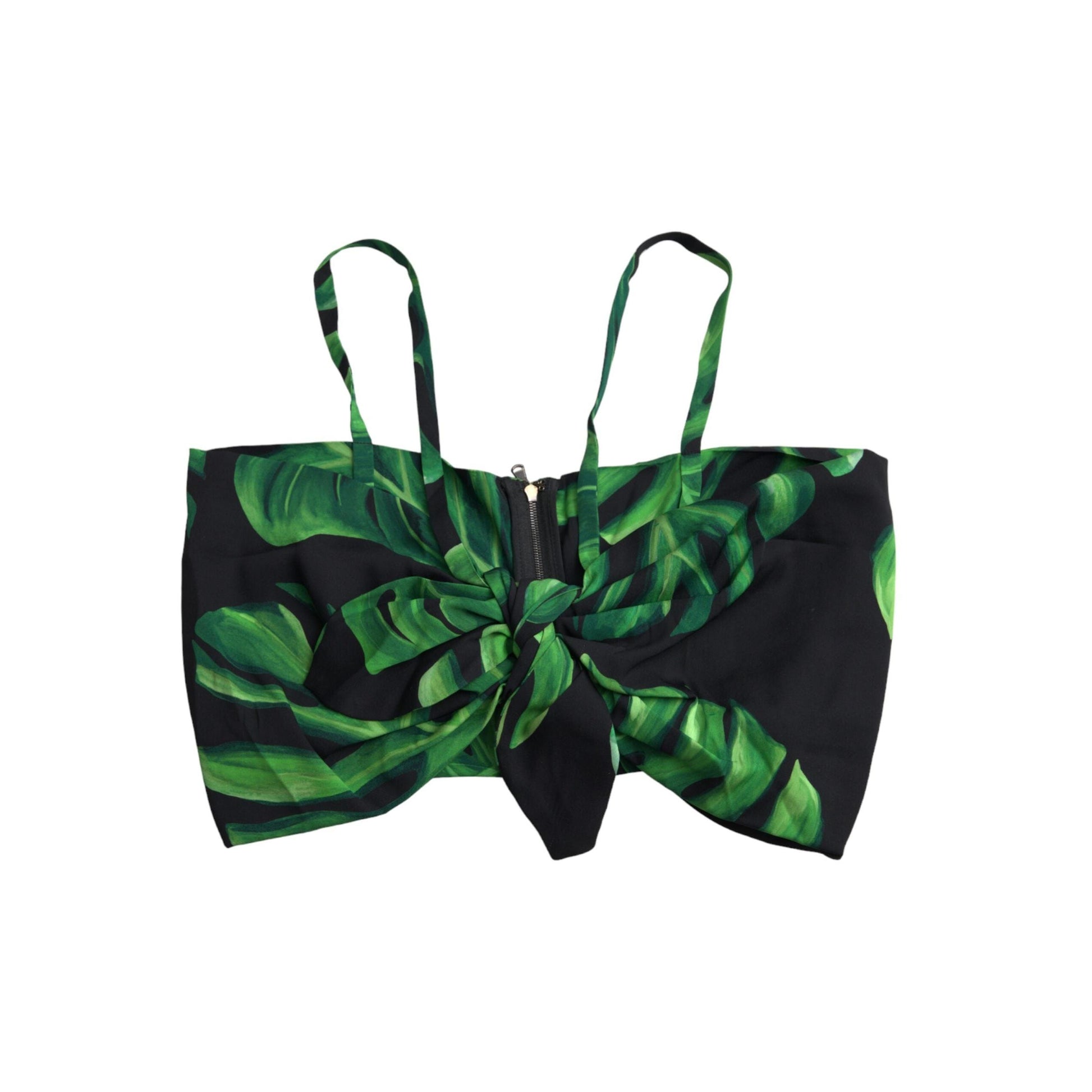 Dolce & Gabbana Black Green Leaf Silk Halter Cropped Top