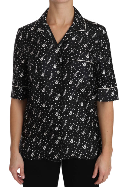 Dolce & Gabbana Black GuitarTrumpet Print Silk Shirt Top