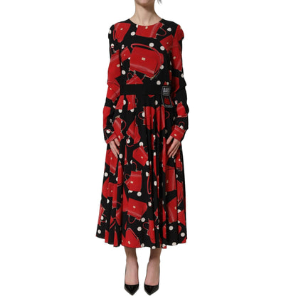 Dolce & Gabbana Black Handbag Print Long Sleeve Midi Dress